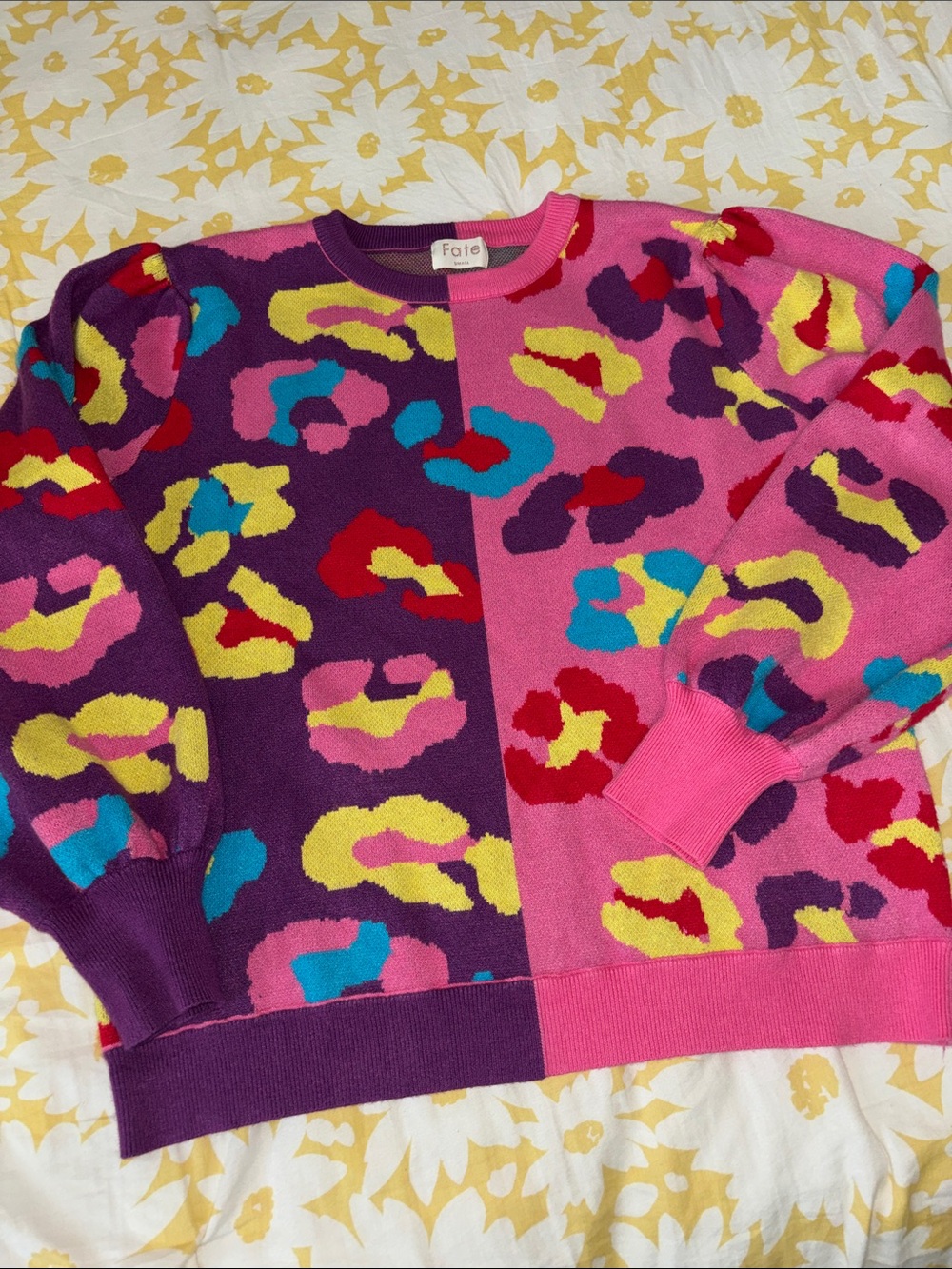 Fate Colorblock Leopard Knit Sweater in Pink, Purple & Yellow